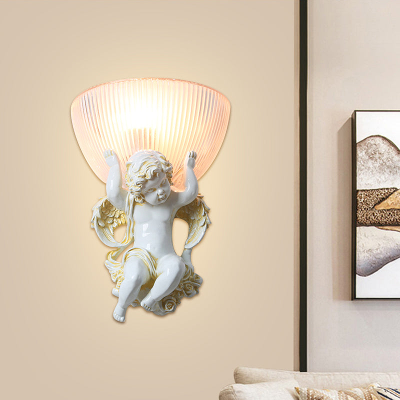 Resin White/Gold Wall Lighting Fixture Angel 1-Head Countryside Wall Light Sconce with Half-Bowl Frosted Ribbed Glass Shade Clearhalo 'Wall Lamps & Sconces' 'Wall Lights' Lighting' 1688679