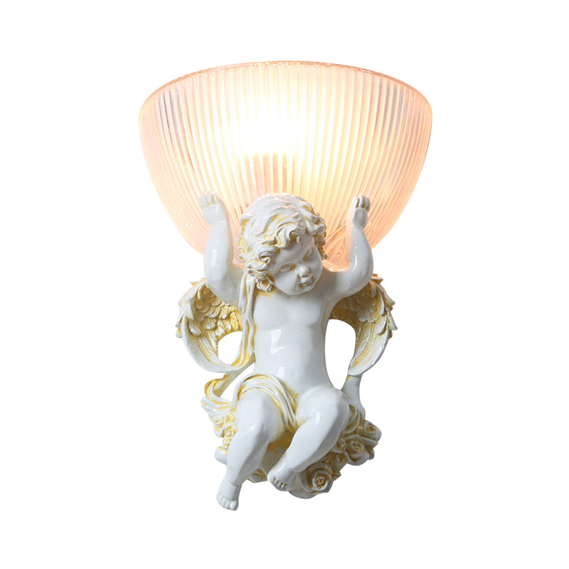 Resin White/Gold Wall Lighting Fixture Angel 1-Head Countryside Wall Light Sconce with Half-Bowl Frosted Ribbed Glass Shade Clearhalo 'Wall Lamps & Sconces' 'Wall Lights' Lighting' 1688680