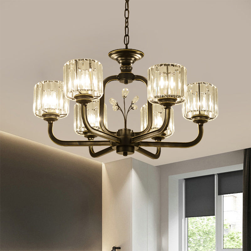 6/8-Bulb Living Room Chandelier Simple Black/Gold Suspension Lighting with Cylindrical Crystal Prisms Shade Clearhalo 'Ceiling Lights' 'Chandeliers' 'Modern Chandeliers' 'Modern' Lighting' 1688708
