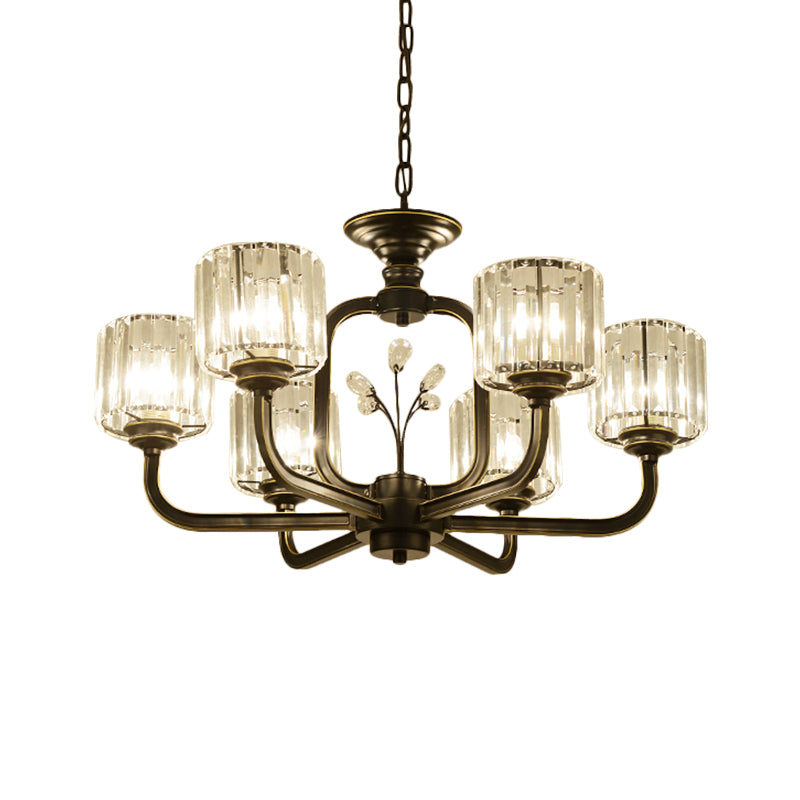 6/8-Bulb Living Room Chandelier Simple Black/Gold Suspension Lighting with Cylindrical Crystal Prisms Shade Clearhalo 'Ceiling Lights' 'Chandeliers' 'Modern Chandeliers' 'Modern' Lighting' 1688710