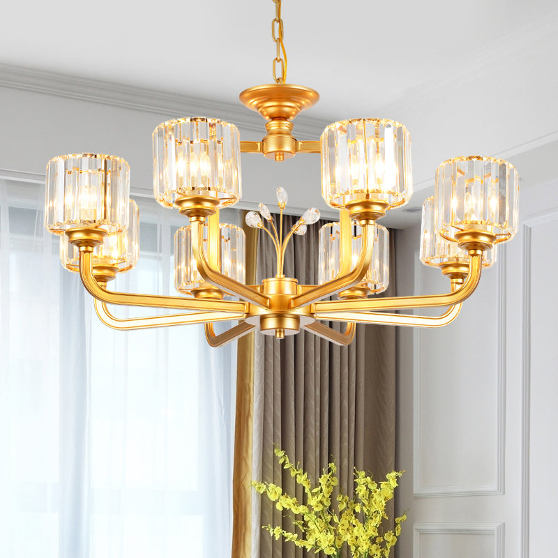 6/8-Bulb Living Room Chandelier Simple Black/Gold Suspension Lighting with Cylindrical Crystal Prisms Shade 8 Gold Clearhalo 'Ceiling Lights' 'Chandeliers' 'Modern Chandeliers' 'Modern' Lighting' 1688711