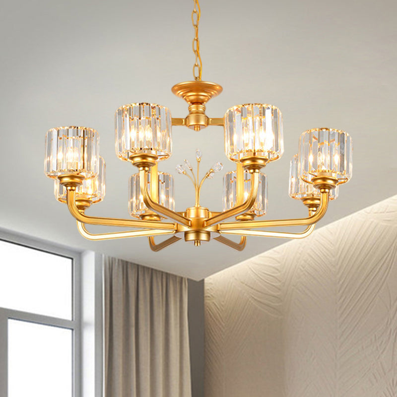6/8-Bulb Living Room Chandelier Simple Black/Gold Suspension Lighting with Cylindrical Crystal Prisms Shade Clearhalo 'Ceiling Lights' 'Chandeliers' 'Modern Chandeliers' 'Modern' Lighting' 1688712