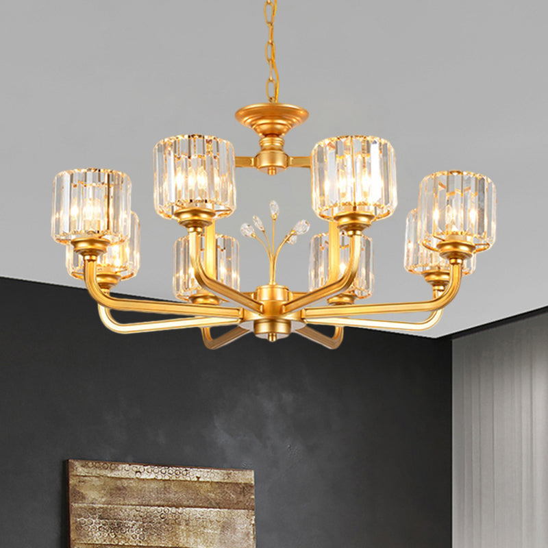 6/8-Bulb Living Room Chandelier Simple Black/Gold Suspension Lighting with Cylindrical Crystal Prisms Shade Clearhalo 'Ceiling Lights' 'Chandeliers' 'Modern Chandeliers' 'Modern' Lighting' 1688713