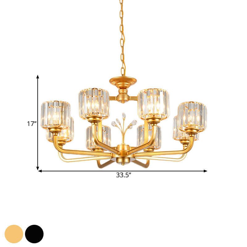 6/8-Bulb Living Room Chandelier Simple Black/Gold Suspension Lighting with Cylindrical Crystal Prisms Shade Clearhalo 'Ceiling Lights' 'Chandeliers' 'Modern Chandeliers' 'Modern' Lighting' 1688715