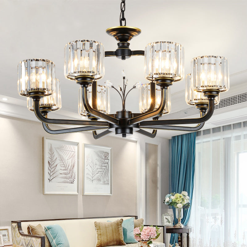 6/8-Bulb Living Room Chandelier Simple Black/Gold Suspension Lighting with Cylindrical Crystal Prisms Shade Clearhalo 'Ceiling Lights' 'Chandeliers' 'Modern Chandeliers' 'Modern' Lighting' 1688716