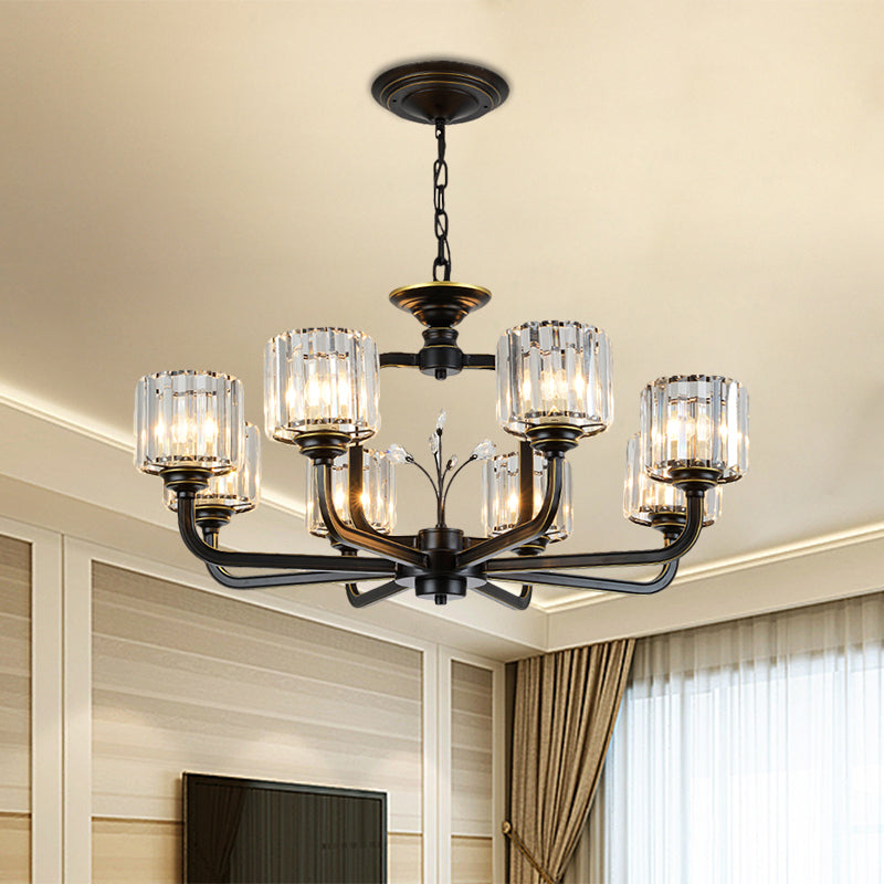6/8-Bulb Living Room Chandelier Simple Black/Gold Suspension Lighting with Cylindrical Crystal Prisms Shade Clearhalo 'Ceiling Lights' 'Chandeliers' 'Modern Chandeliers' 'Modern' Lighting' 1688718