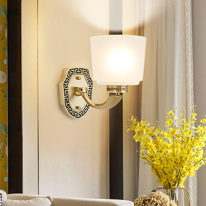 Cylinder Sitting Room Sconce Light Retro Style Opal Glass Single Head Brass Wall Mounted Lamp Brass Clearhalo 'Wall Lamps & Sconces' 'Wall Lights' Lighting' 1688795