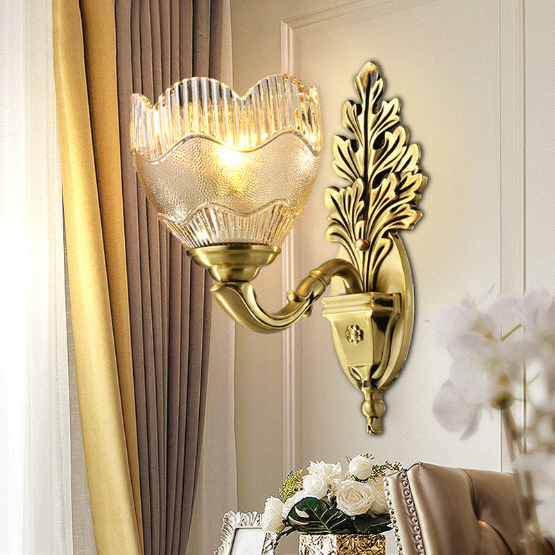 Gold Single Light Wall Sconce Antique Clear Ribbed Glass Flower Bud Wall Lighting Idea Gold Clearhalo 'Wall Lamps & Sconces' 'Wall Lights' Lighting' 1688803