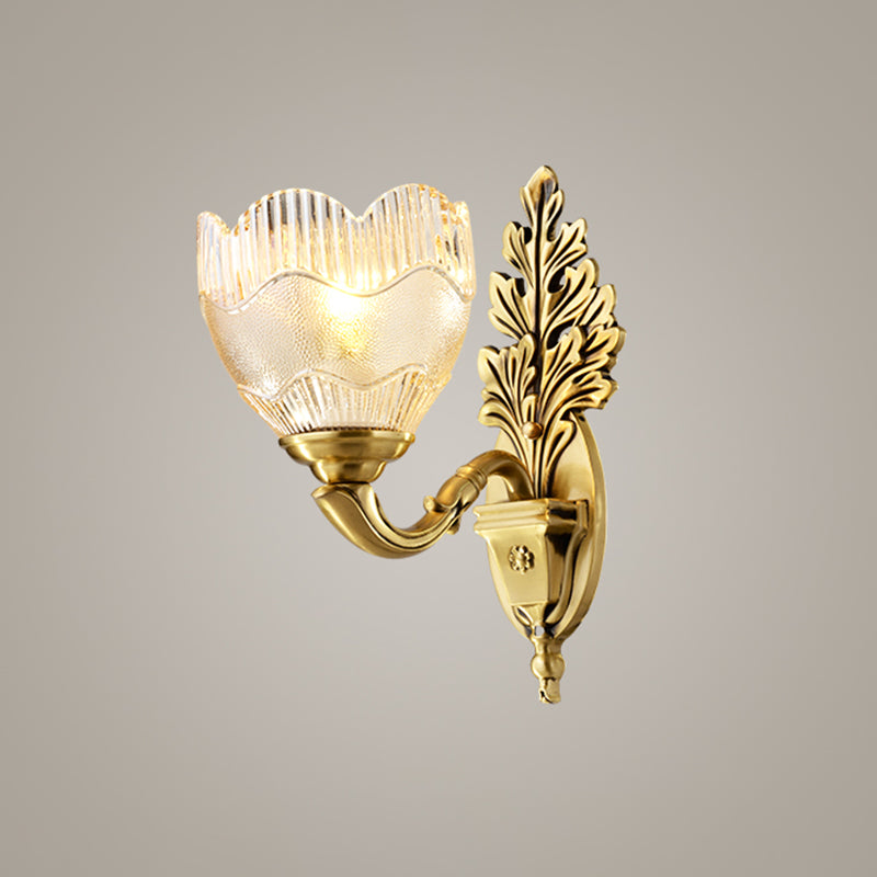 Gold Single Light Wall Sconce Antique Clear Ribbed Glass Flower Bud Wall Lighting Idea Clearhalo 'Wall Lamps & Sconces' 'Wall Lights' Lighting' 1688804