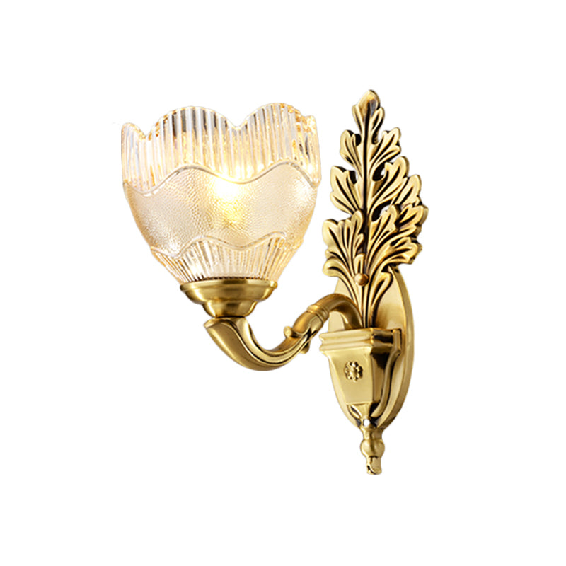 Gold Single Light Wall Sconce Antique Clear Ribbed Glass Flower Bud Wall Lighting Idea Clearhalo 'Wall Lamps & Sconces' 'Wall Lights' Lighting' 1688805