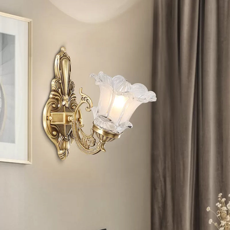 Brass 1/2 Bulbs Wall Lighting Countryside Clear Ridged Glass Flower Shape Wall Mounted Lamp 1.0 Brass Clearhalo 'Wall Lamps & Sconces' 'Wall Lights' Lighting' 1688807