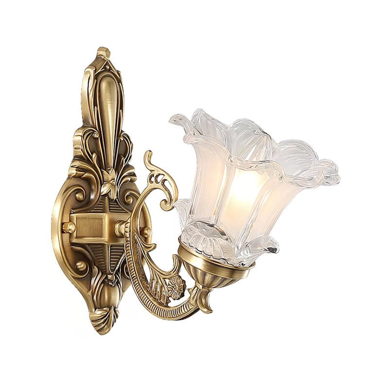 Brass 1/2 Bulbs Wall Lighting Countryside Clear Ridged Glass Flower Shape Wall Mounted Lamp Clearhalo 'Wall Lamps & Sconces' 'Wall Lights' Lighting' 1688809