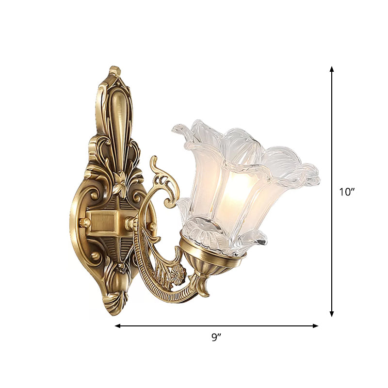 Brass 1/2 Bulbs Wall Lighting Countryside Clear Ridged Glass Flower Shape Wall Mounted Lamp Clearhalo 'Wall Lamps & Sconces' 'Wall Lights' Lighting' 1688810