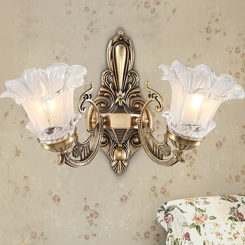 Brass 1/2 Bulbs Wall Lighting Countryside Clear Ridged Glass Flower Shape Wall Mounted Lamp 2.0 Brass Clearhalo 'Wall Lamps & Sconces' 'Wall Lights' Lighting' 1688811