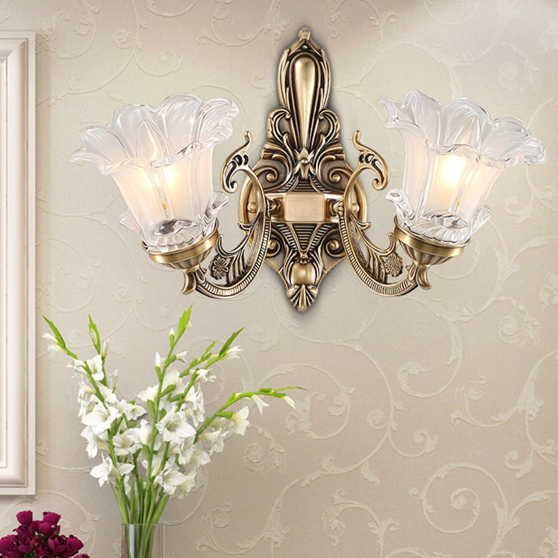 Brass 1/2 Bulbs Wall Lighting Countryside Clear Ridged Glass Flower Shape Wall Mounted Lamp Clearhalo 'Wall Lamps & Sconces' 'Wall Lights' Lighting' 1688813