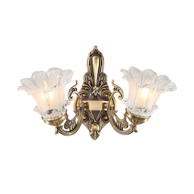 Brass 1/2 Bulbs Wall Lighting Countryside Clear Ridged Glass Flower Shape Wall Mounted Lamp Clearhalo 'Wall Lamps & Sconces' 'Wall Lights' Lighting' 1688814