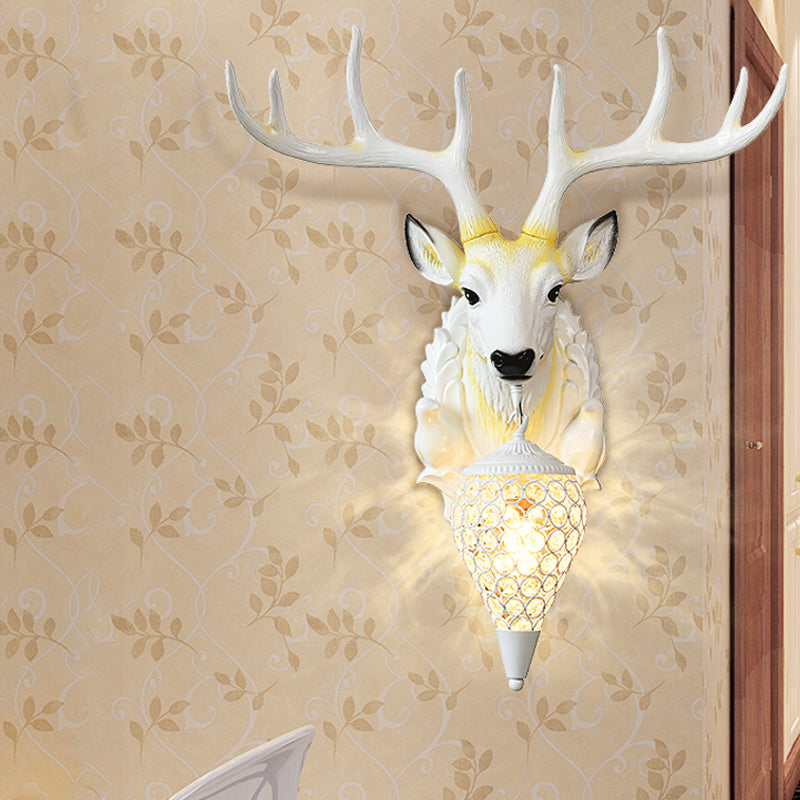 Country Oval Wall Mounted Lamp Single Light Beveled Crystal Wall Lighting Idea with Deer Head Design in White White Clearhalo 'Wall Lamps & Sconces' 'Wall Lights' Lighting' 1688816