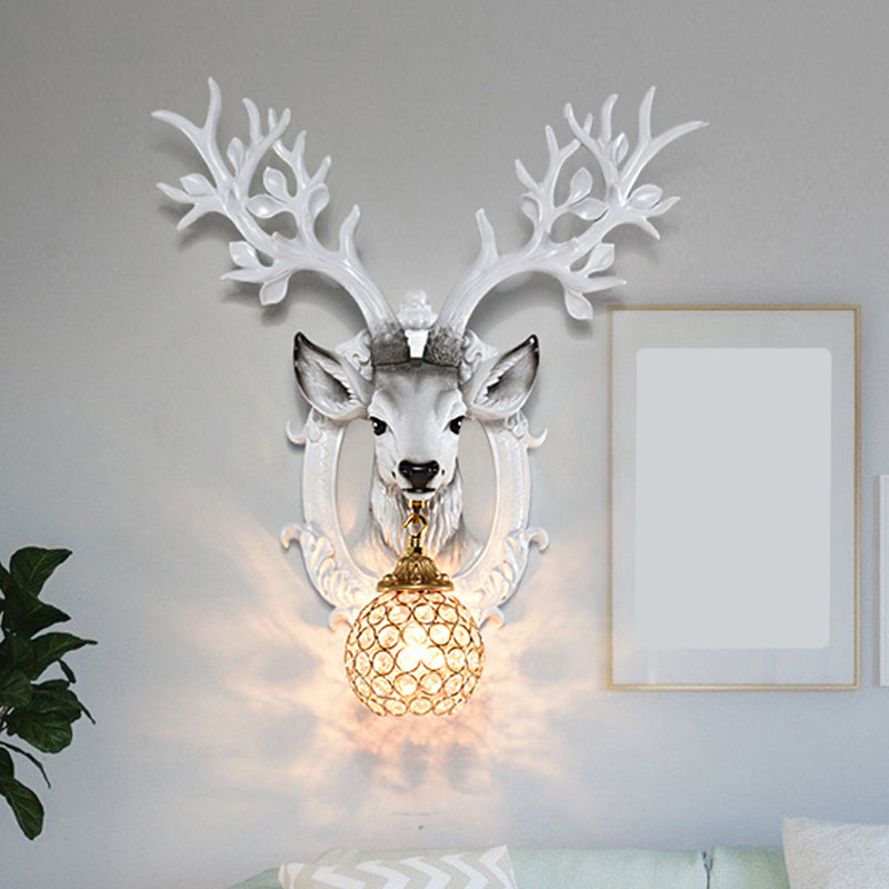 Deer Head Bedroom Wall Sconce Retro Style Resin 1-Light White Wall Mounted Lamp with Global Faceted Crystal Shade White Clearhalo 'Wall Lamps & Sconces' 'Wall Lights' Lighting' 1688832