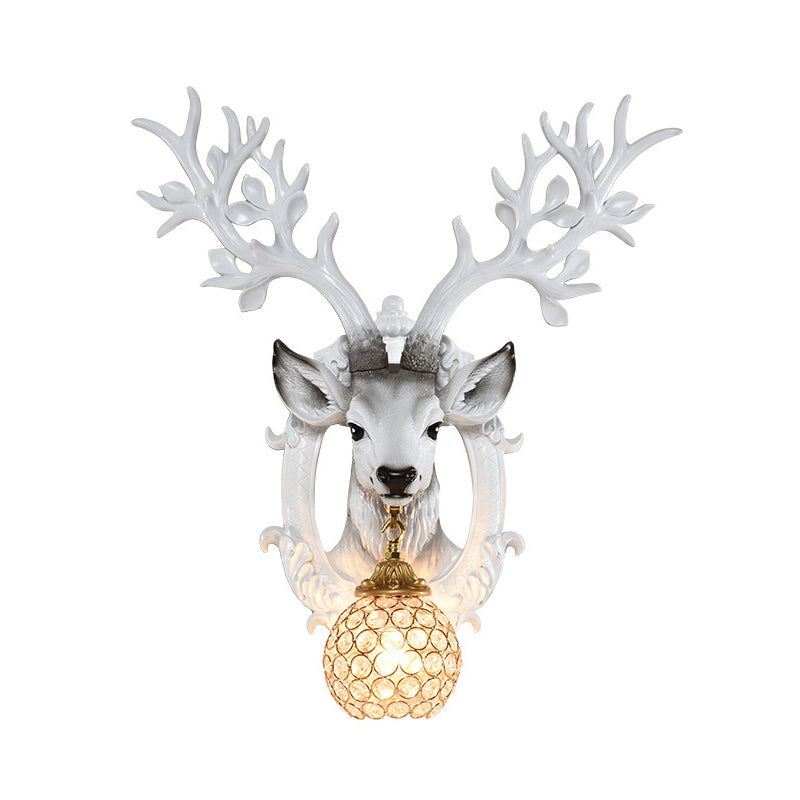 Deer Head Bedroom Wall Sconce Retro Style Resin 1-Light White Wall Mounted Lamp with Global Faceted Crystal Shade Clearhalo 'Wall Lamps & Sconces' 'Wall Lights' Lighting' 1688834