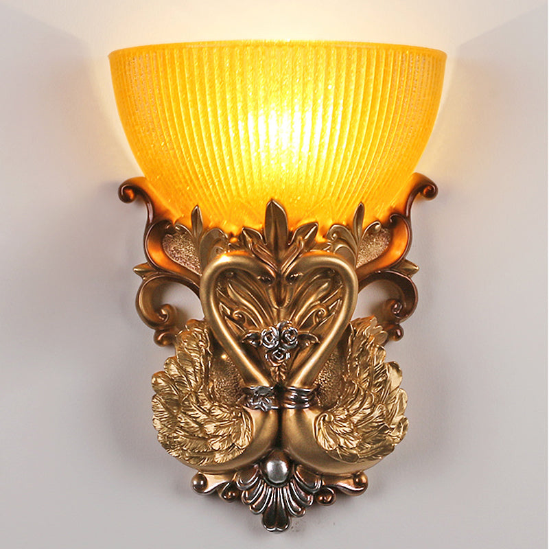 Amber Ribbed Glass Gold Sconce Bowl Single Head Rural Wall Lighting Idea with Carving Swan Design Clearhalo 'Wall Lamps & Sconces' 'Wall Lights' Lighting' 1688837