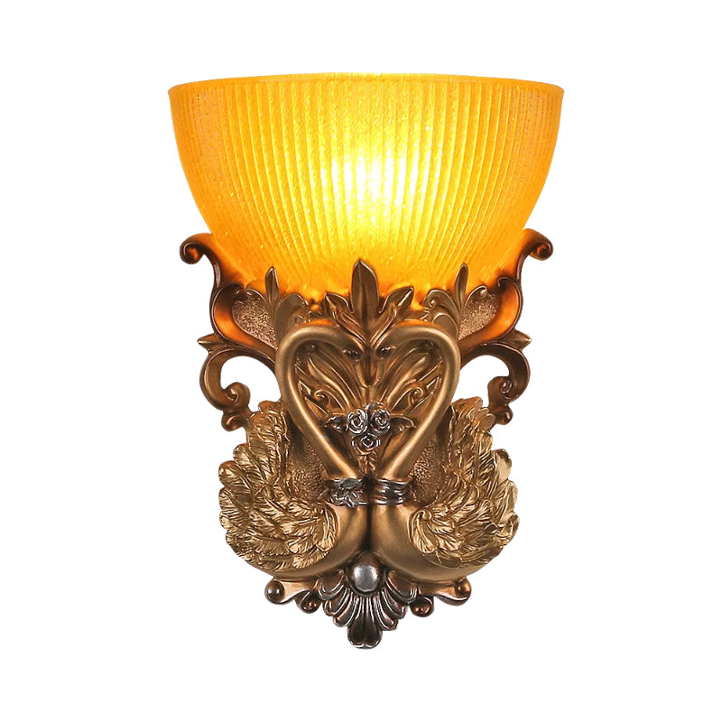 Amber Ribbed Glass Gold Sconce Bowl Single Head Rural Wall Lighting Idea with Carving Swan Design Clearhalo 'Wall Lamps & Sconces' 'Wall Lights' Lighting' 1688838