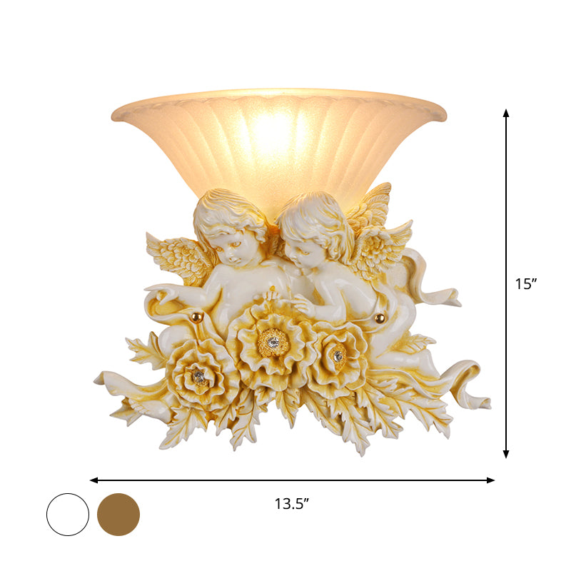 1-Head Wide Bowl Wall Light Rustic Gold/Beige Opal Fluted Glass Wall Mounted Lamp with Dual Angels Decor Clearhalo 'Wall Lamps & Sconces' 'Wall Lights' Lighting' 1688843