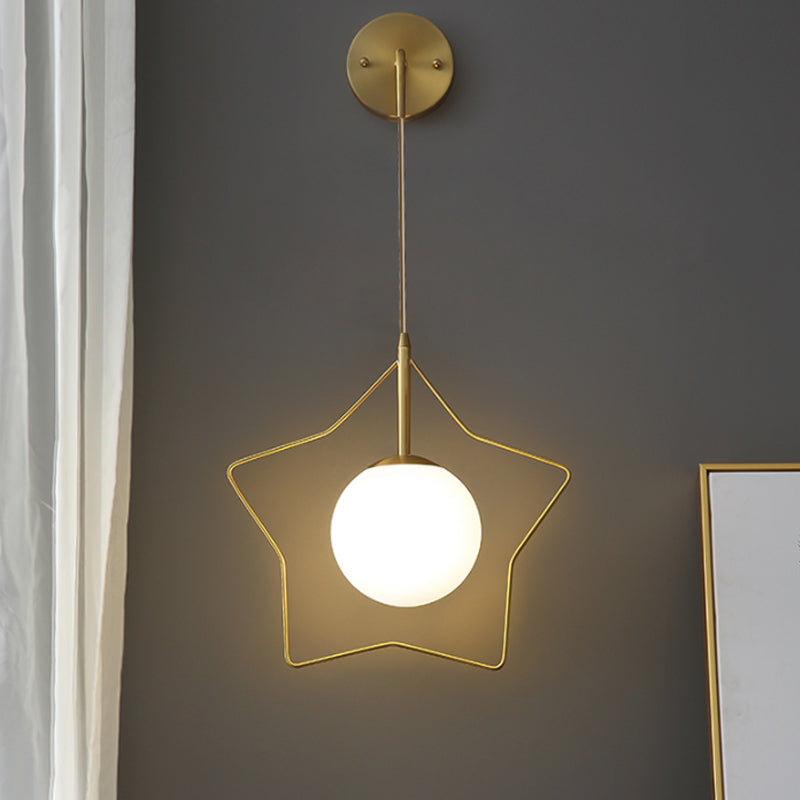 Metallic Star Wall Mounted Light Minimalist 1 Bulb Gold Wall Lighting Fixture with Ball White Glass Shade Gold Clearhalo 'Wall Lamps & Sconces' 'Wall Lights' Lighting' 1688848