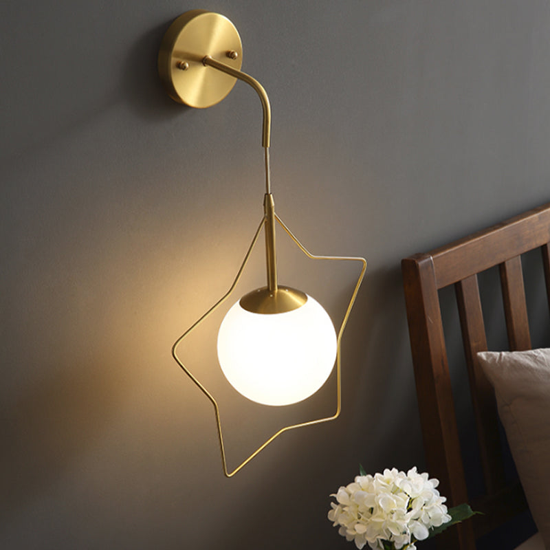 Metallic Star Wall Mounted Light Minimalist 1 Bulb Gold Wall Lighting Fixture with Ball White Glass Shade Clearhalo 'Wall Lamps & Sconces' 'Wall Lights' Lighting' 1688849