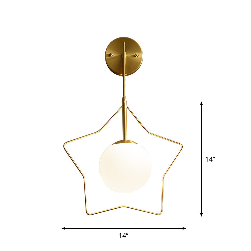 Metallic Star Wall Mounted Light Minimalist 1 Bulb Gold Wall Lighting Fixture with Ball White Glass Shade Clearhalo 'Wall Lamps & Sconces' 'Wall Lights' Lighting' 1688851