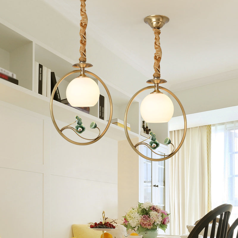 Single Head Globe Pendulum Light Traditional Gold White Glass Suspension Lamp with Ring and Lotus Decor Clearhalo 'Ceiling Lights' 'Pendant Lights' 'Pendants' Lighting' 1688860