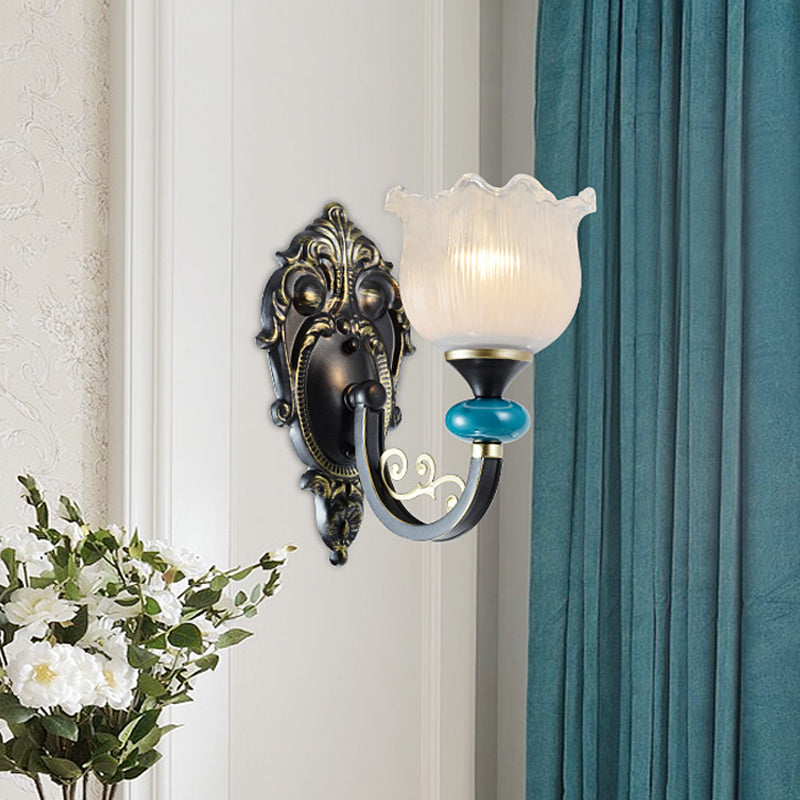 1/2-Bulb Floral Sconce Light Fixture Antiqued Black Opal Ribbed Glass Curved Arm Wall Mounted Lamp 1.0 Black Clearhalo 'Wall Lamps & Sconces' 'Wall Lights' Lighting' 1688868