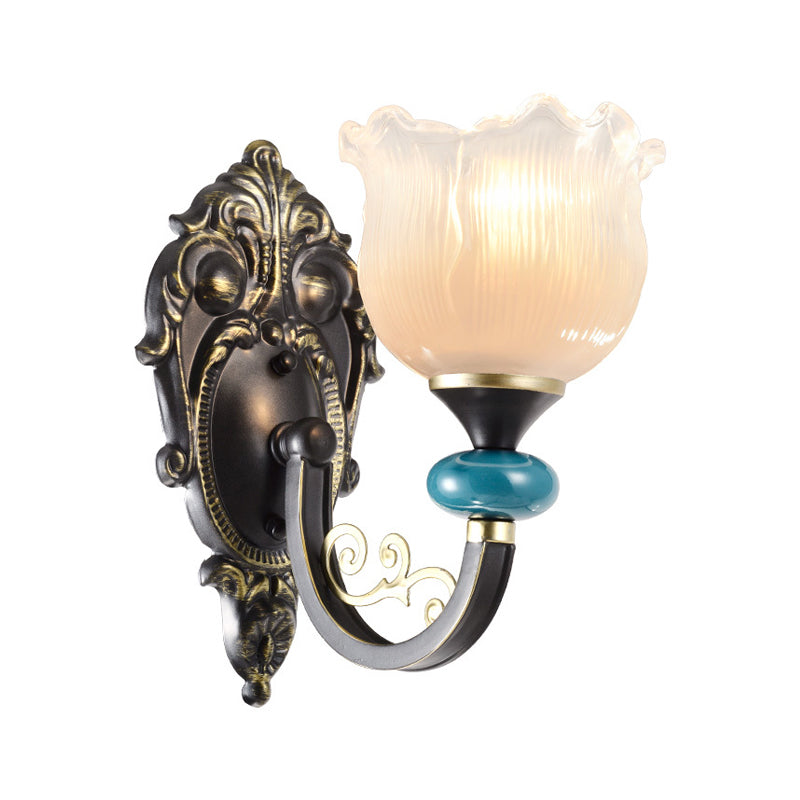 1/2-Bulb Floral Sconce Light Fixture Antiqued Black Opal Ribbed Glass Curved Arm Wall Mounted Lamp Clearhalo 'Wall Lamps & Sconces' 'Wall Lights' Lighting' 1688870