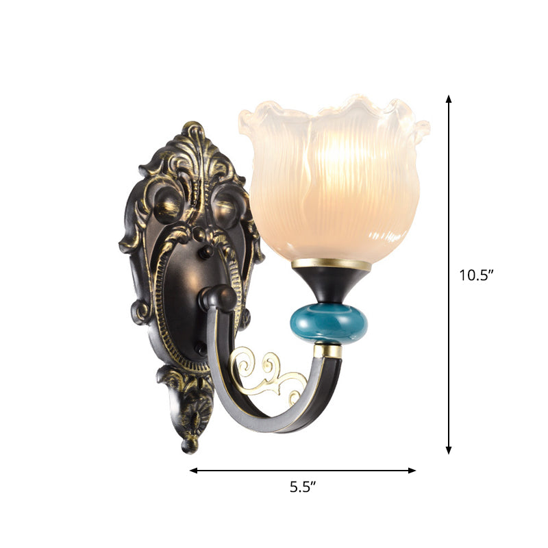 1/2-Bulb Floral Sconce Light Fixture Antiqued Black Opal Ribbed Glass Curved Arm Wall Mounted Lamp Clearhalo 'Wall Lamps & Sconces' 'Wall Lights' Lighting' 1688871