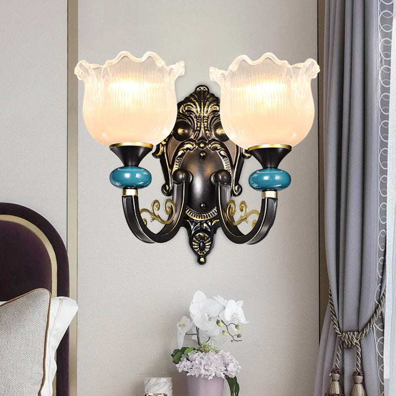 1/2-Bulb Floral Sconce Light Fixture Antiqued Black Opal Ribbed Glass Curved Arm Wall Mounted Lamp 2.0 Black Clearhalo 'Wall Lamps & Sconces' 'Wall Lights' Lighting' 1688872