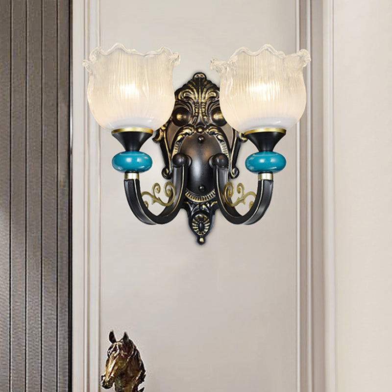 1/2-Bulb Floral Sconce Light Fixture Antiqued Black Opal Ribbed Glass Curved Arm Wall Mounted Lamp Clearhalo 'Wall Lamps & Sconces' 'Wall Lights' Lighting' 1688873