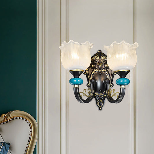 1/2-Bulb Floral Sconce Light Fixture Antiqued Black Opal Ribbed Glass Curved Arm Wall Mounted Lamp Clearhalo 'Wall Lamps & Sconces' 'Wall Lights' Lighting' 1688874