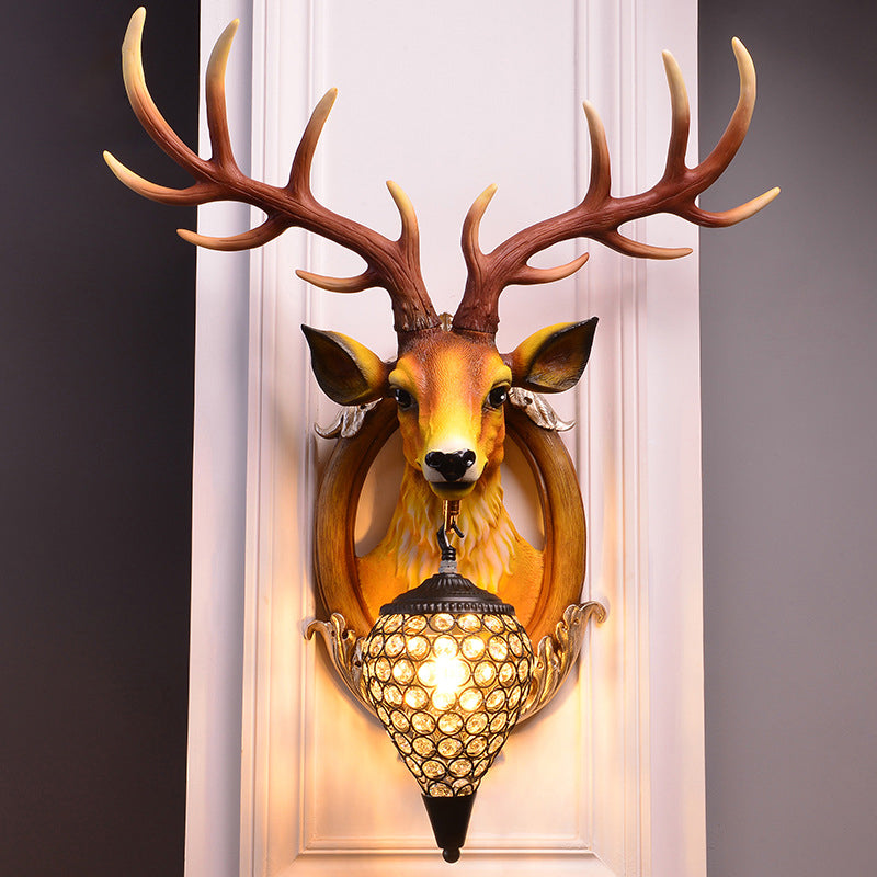 Deer Head Living Room Sconce Light Farmhouse Resin Single Bulb White/Black-White/Black-Brown Wall Mounted Lamp with Ball Beveled Crystal Shade Black-Brown Clearhalo 'Wall Lamps & Sconces' 'Wall Lights' Lighting' 1688877