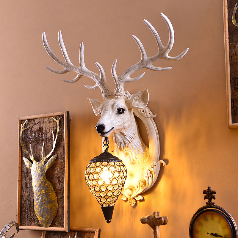 Deer Head Living Room Sconce Light Farmhouse Resin Single Bulb White/Black-White/Black-Brown Wall Mounted Lamp with Ball Beveled Crystal Shade Black-White Clearhalo 'Wall Lamps & Sconces' 'Wall Lights' Lighting' 1688881