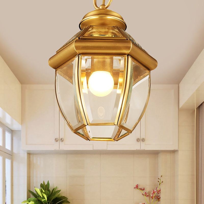 Gold Single Light Ceiling Lamp Antiqued Clear Glass Lantern Down Lighting Pendant for Corridor Gold Clearhalo 'Ceiling Lights' 'Close To Ceiling Lights' 'Glass shade' 'Glass' 'Pendant Lights' 'Pendants' Lighting' 1688901