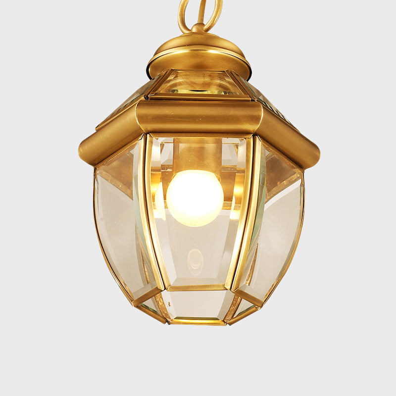 Gold Single Light Ceiling Lamp Antiqued Clear Glass Lantern Down Lighting Pendant for Corridor Clearhalo 'Ceiling Lights' 'Close To Ceiling Lights' 'Glass shade' 'Glass' 'Pendant Lights' 'Pendants' Lighting' 1688902