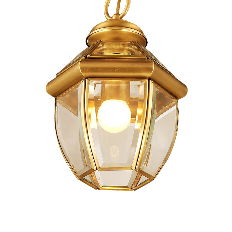 Gold Single Light Ceiling Lamp Antiqued Clear Glass Lantern Down Lighting Pendant for Corridor Clearhalo 'Ceiling Lights' 'Close To Ceiling Lights' 'Glass shade' 'Glass' 'Pendant Lights' 'Pendants' Lighting' 1688903
