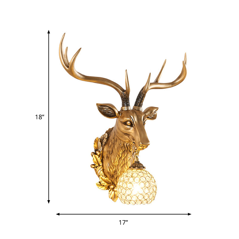 Gold 1-Bulb Sconce Light Farmhouse Faceted Crystal Sphere Wall Mounted Lamp with Sika Deer Head Design Clearhalo 'Wall Lamps & Sconces' 'Wall Lights' Lighting' 1688908