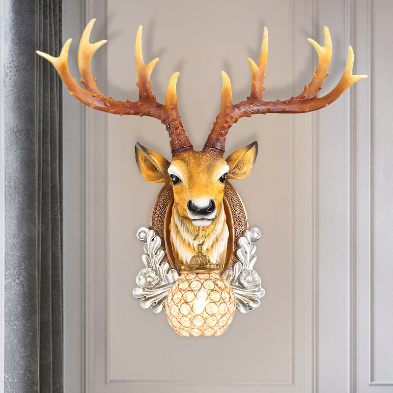 Ball Living Room Wall Sconce Cottage Beveled K9 Crystal 1 Head Grey/Yellow Wall Mounted Lighting with Deer Head Design Yellow Clearhalo 'Wall Lamps & Sconces' 'Wall Lights' Lighting' 1688909