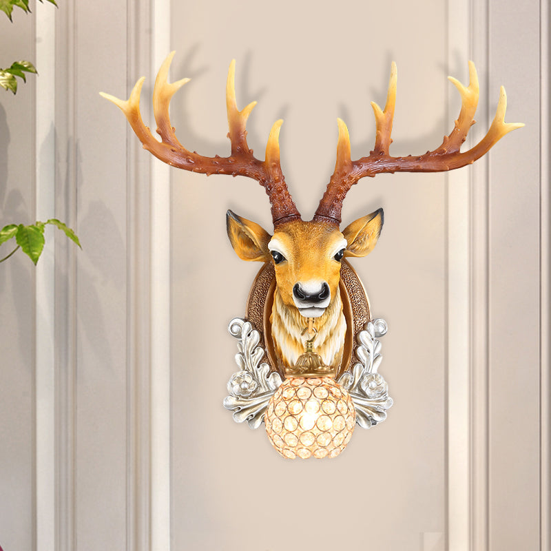 Ball Living Room Wall Sconce Cottage Beveled K9 Crystal 1 Head Grey/Yellow Wall Mounted Lighting with Deer Head Design Clearhalo 'Wall Lamps & Sconces' 'Wall Lights' Lighting' 1688910