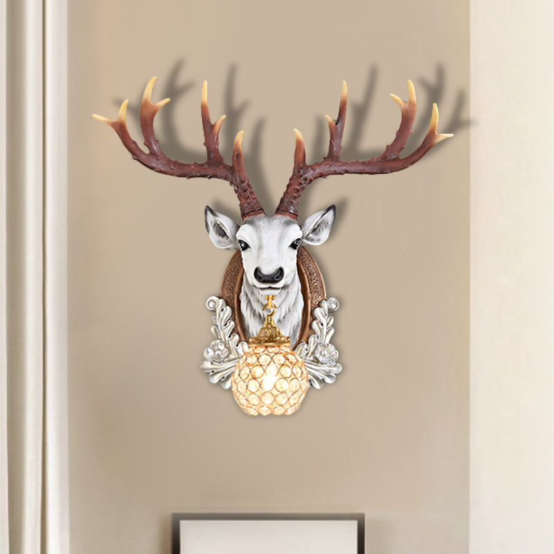 Ball Living Room Wall Sconce Cottage Beveled K9 Crystal 1 Head Grey/Yellow Wall Mounted Lighting with Deer Head Design Grey Clearhalo 'Wall Lamps & Sconces' 'Wall Lights' Lighting' 1688913