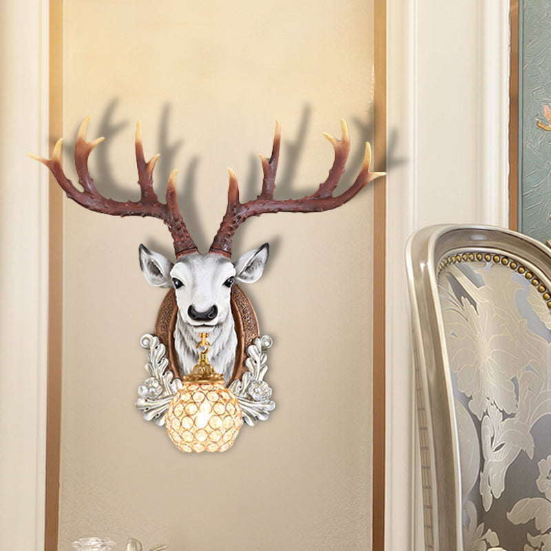 Ball Living Room Wall Sconce Cottage Beveled K9 Crystal 1 Head Grey/Yellow Wall Mounted Lighting with Deer Head Design Clearhalo 'Wall Lamps & Sconces' 'Wall Lights' Lighting' 1688914