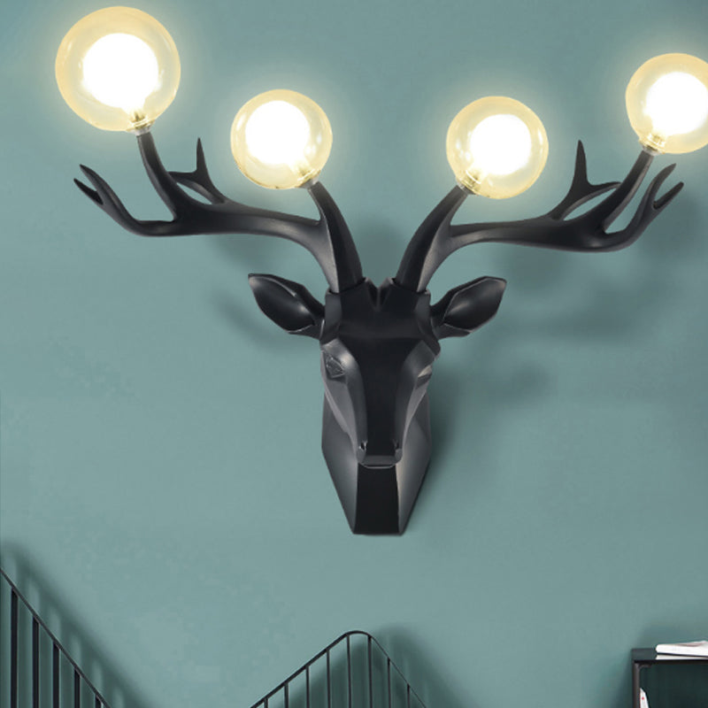 Sika Deer Living Room Wall Lamp Classic Style Resin 4 Heads Black/White/Blue Wall Sconce Light with Orb Clear Crystal Shade Black Clearhalo 'Wall Lamps & Sconces' 'Wall Lights' Lighting' 1688917