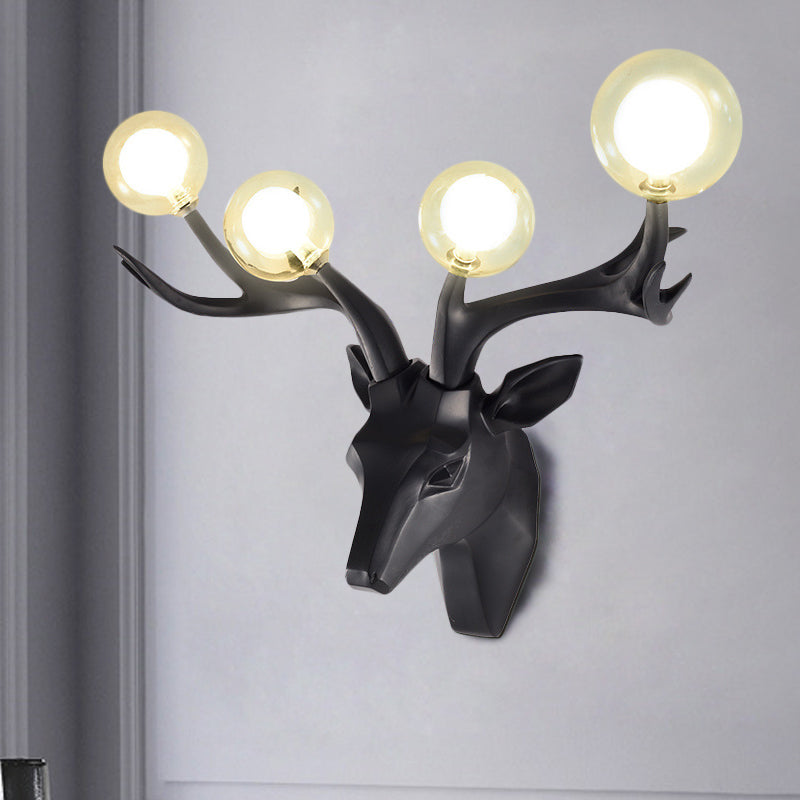 Sika Deer Living Room Wall Lamp Classic Style Resin 4 Heads Black/White/Blue Wall Sconce Light with Orb Clear Crystal Shade Clearhalo 'Wall Lamps & Sconces' 'Wall Lights' Lighting' 1688918