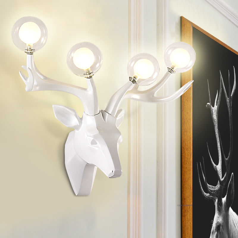 Sika Deer Living Room Wall Lamp Classic Style Resin 4 Heads Black/White/Blue Wall Sconce Light with Orb Clear Crystal Shade White Clearhalo 'Wall Lamps & Sconces' 'Wall Lights' Lighting' 1688921