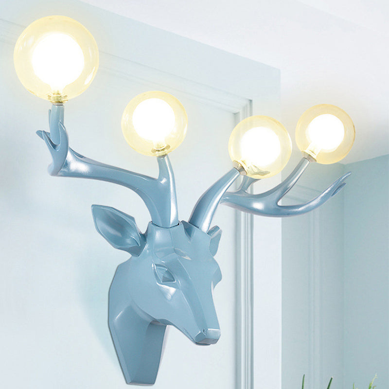 Sika Deer Living Room Wall Lamp Classic Style Resin 4 Heads Black/White/Blue Wall Sconce Light with Orb Clear Crystal Shade Blue Clearhalo 'Wall Lamps & Sconces' 'Wall Lights' Lighting' 1688925